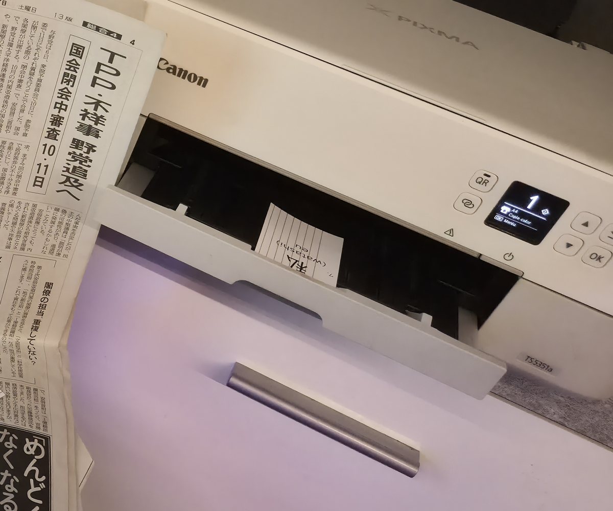 A Japanese flashcard coming out of a home printer
